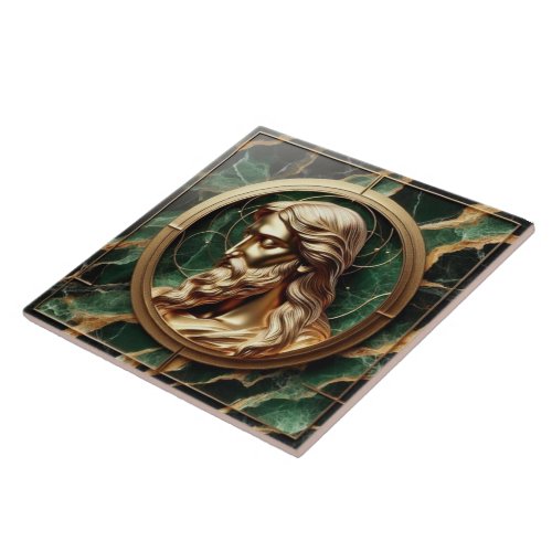 Divine Encounter Jesus Face in Ornate Gold Frame  Ceramic Tile