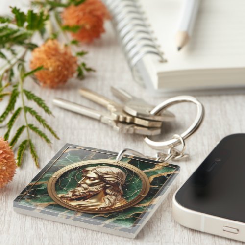Divine Encounter Jesus Face in Ornate Gold Frame  Keychain