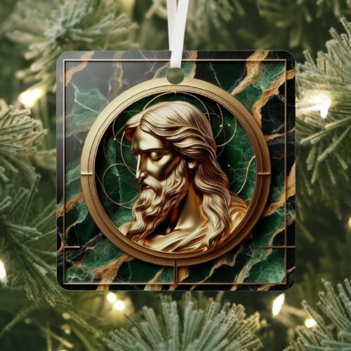 Divine Encounter Jesus Face in Ornate Gold Frame  Metal Ornament