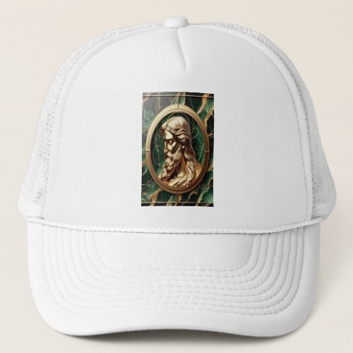 Divine Encounter Jesus Face in Ornate Gold Frame  Trucker Hat