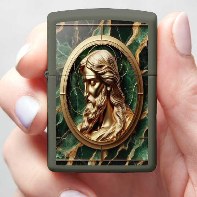 Divine Encounter Jesus Face in Ornate Gold Frame  Zippo Lighter (In Hand)
