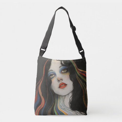 Divine feminine woman rainbow black art crossbody bag