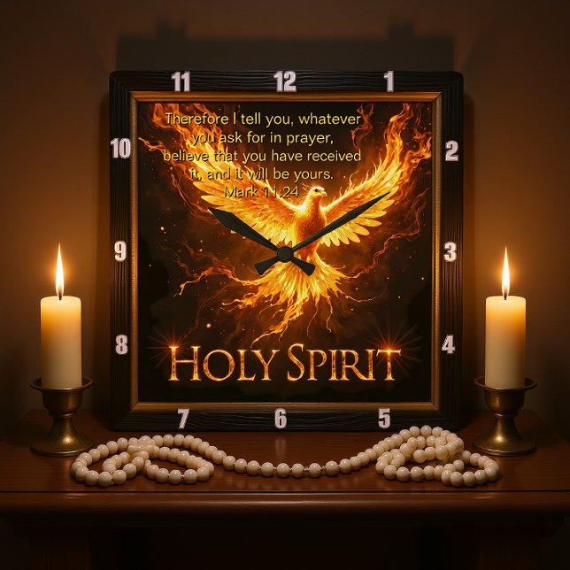 Divine Flame Holy Spirit Phoenix Mark 11:24 Verse Square Wall Clock (Creator Uploaded)