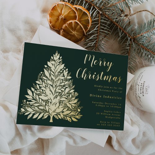 Divine Gold Foil Tree Christmas Party Pine Green Foil Invitation