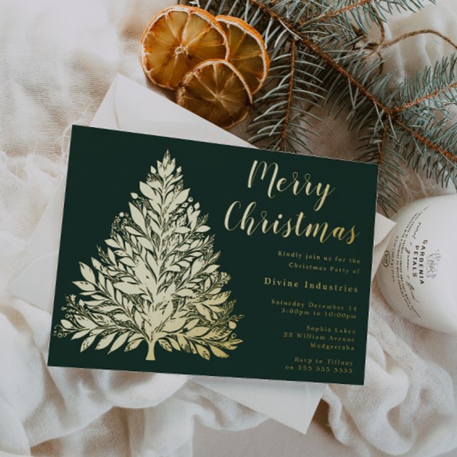 Divine Gold Foil Tree Christmas Party Pine Green Foil Invitation (Creator Uploaded)