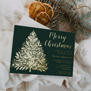 Divine Gold Foil Tree Christmas Party Pine Green Invitation