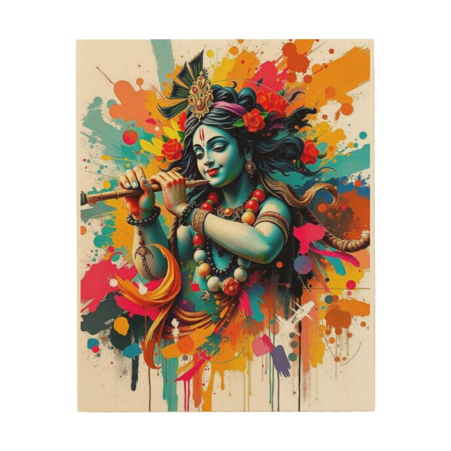 Divine Harmony:The Essence of Lord Krishna in Wood Wood Wall Art (Front)