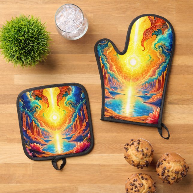 Divine Light City Awakening Oven Mitt & Pot Holder Set (Top Down)