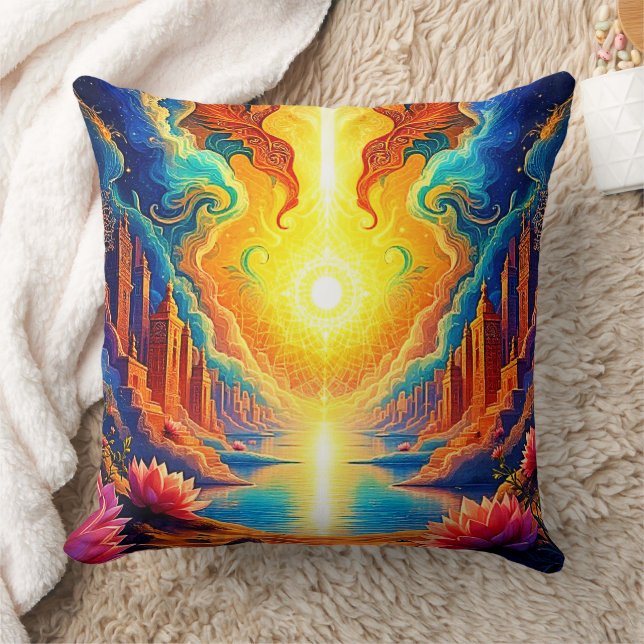 Divine Light City Awakening Throw Pillow (Blanket)