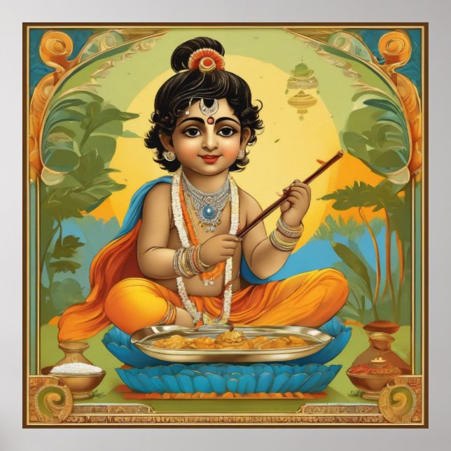 Divine Lord Krishna in Childhood with Flute Poster (Front)