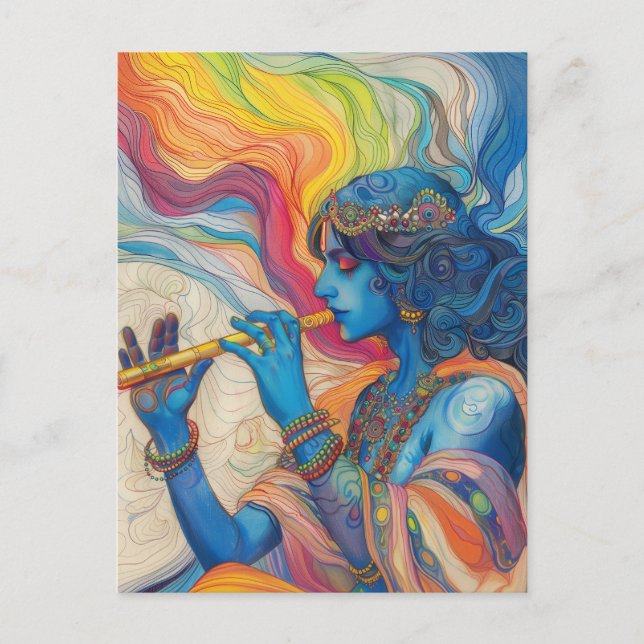 Divine Lord Krishna Playing Flute Surreal Rainbow  Postcard (Front)