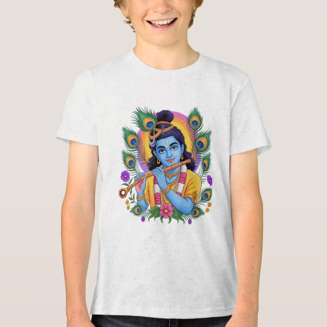 Divine Lord Krishna Playing Flute with Peacock Fea Tri-Blend Shirt (Front)