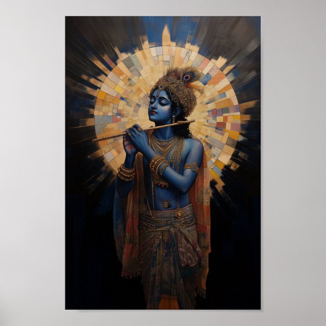 Divine Lord Krishna playing the Flute Art Nouveau Poster (Front)