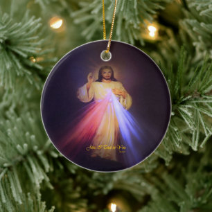 Divine Mercy Gold with Chaplet Prayer Ceramic Ornament