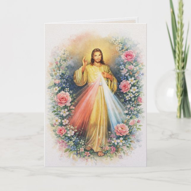 Divine Mercy Jesus Catholic Scripture Pink Roses Letterpress Thank You Card (Front)