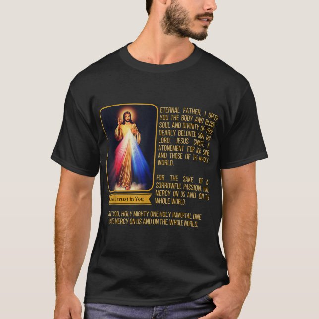 Divine Mercy Jesus Image Chaplet Novena Prayer Cat T-Shirt (Front)
