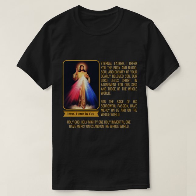 Divine Mercy Jesus Image Chaplet Novena Prayer Cat T-Shirt (Design Front)