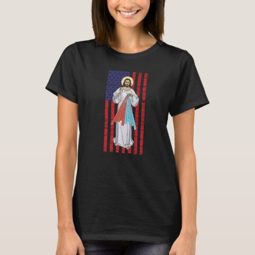 Divine Mercy Jesus USA American Flag Catholic   T_Shirt