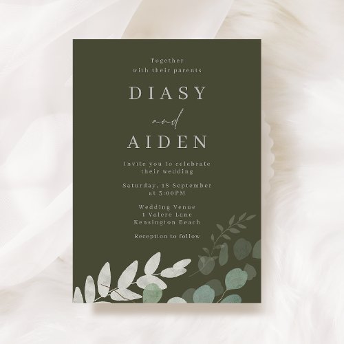 Divine Olive Green Leaf Elegance Wedding Invitation
