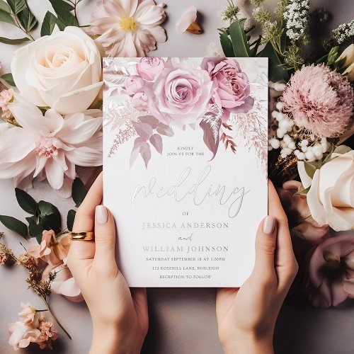 Divine Pink  Silver Modern Floral Wedding Foil Invitation