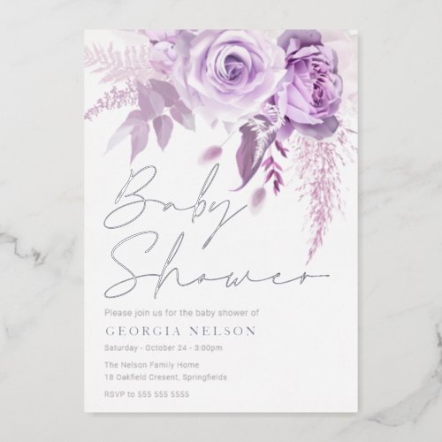 Divine Purple Lavender Floral Baby Shower Silver Foil Invitation