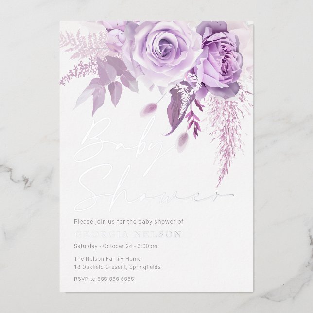 Divine Purple Lavender Floral Baby Shower Silver Foil Invitation (Front)