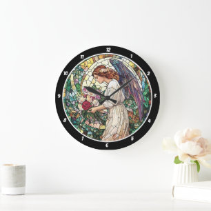 Divine Rose Garden Stained Glass Angel Wall  Large Clock