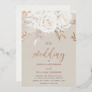 Divine Rose Gold Beige & Ivory Roses Wedding Foil Invitation