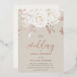 Divine Rose Gold Beige & Ivory Roses Wedding Foil Invitation