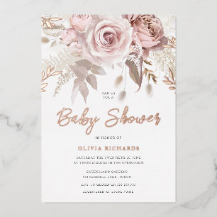 Divine Rose Gold Blush Floral Baby Shower Foil Invitation