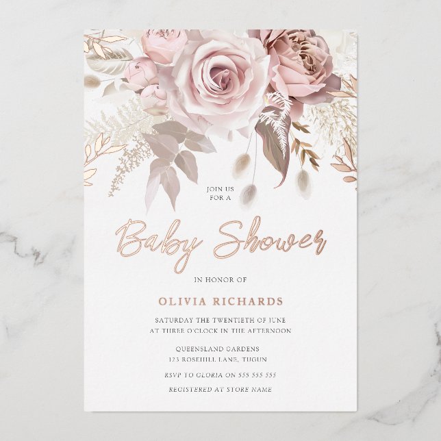 Divine Rose Gold Blush Floral Baby Shower Foil Invitation (Front)