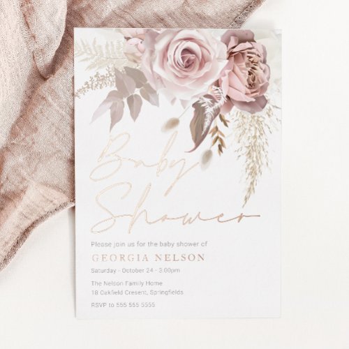 Divine Rose Gold Blush Floral Baby Shower Foil Invitation