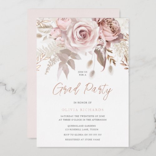 Divine Rose Gold Blush Floral Graduation Party Foil Invitation