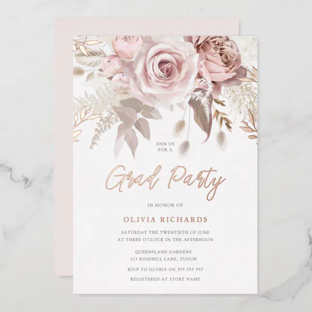 Divine Rose Gold Blush Floral Graduation Party Foil Invitation | Zazzle