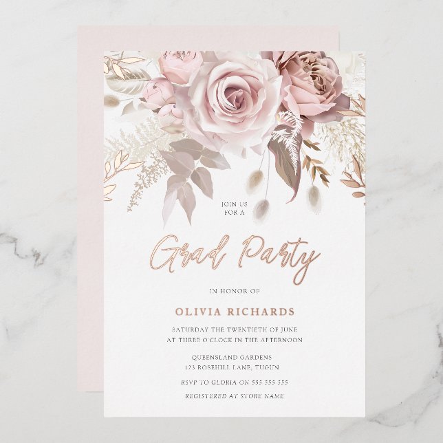 Divine Rose Gold Blush Floral Graduation Party Foil Invitation (Front/Back)