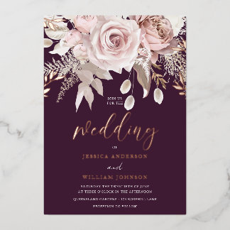 Divine Rose Gold Blush Floral Plum Wedding  Foil Invitation