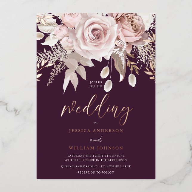Divine Rose Gold Blush Floral Plum Wedding  Foil Invitation (Front)