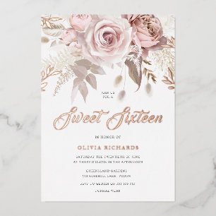 Divine Rose Gold Blush Floral Sweet 16 Party Foil Invitation