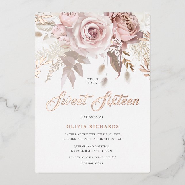 Divine Rose Gold Blush Floral Sweet 16 Party Foil Invitation (Front)