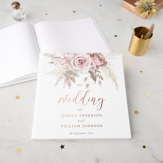 Divine Rose Gold Blush Floral Wedding Foil Guest Book (Front Open)