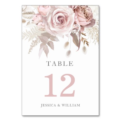 Divine Rose Gold Blush Floral Wedding Table Number