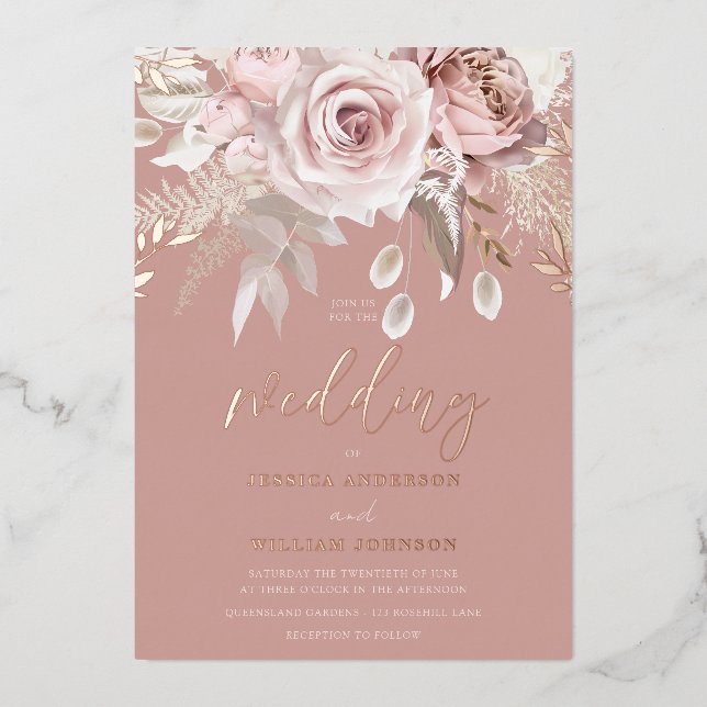 Divine Rose Gold Dusty Rose Floral Wedding Foil Invitation (Front)