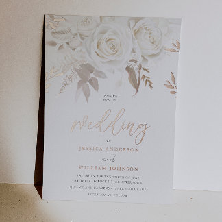 Divine Rose Gold Ivory White Roses Wedding Foil Invitation
