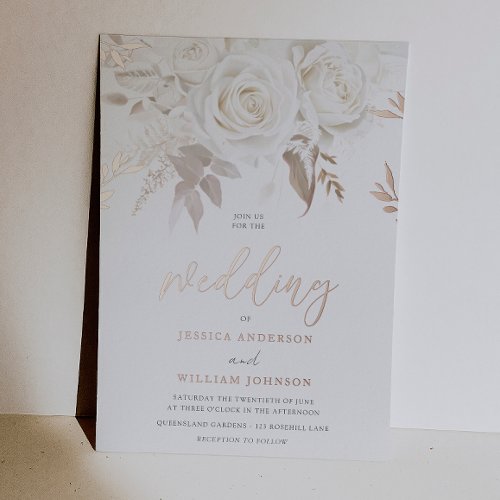Divine Rose Gold Ivory White Roses Wedding Foil Invitation