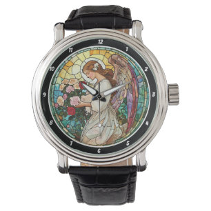 Divine Rose Radiance Stained Glass Angel Wall  Watch
