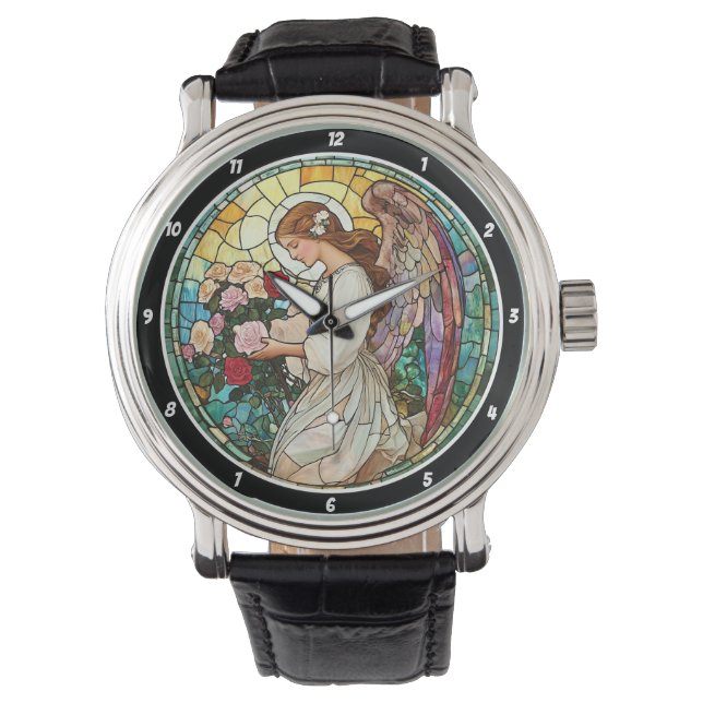 Divine Rose Radiance Stained Glass Angel Wall  Watch (Front)