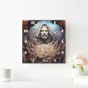 Divine Statue: The Lord Is My Rock Square Wall Clock