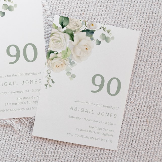 Divine White Roses & Sage 90th Birthday Party Invitation (Creator Uploaded)
