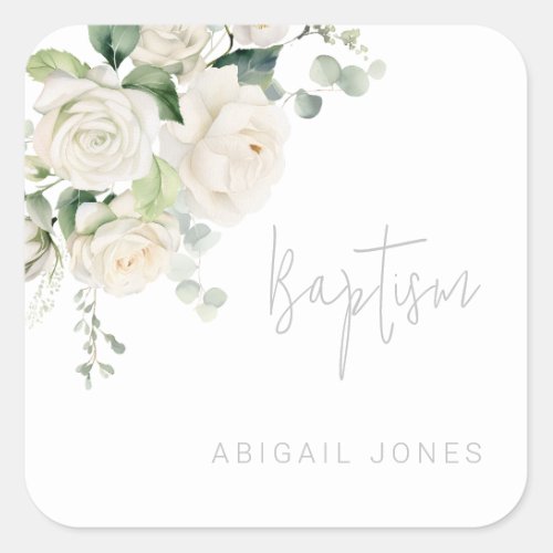 Divine White Roses  Sage Baptism Square Sticker