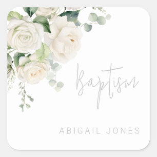Divine White Roses & Sage Baptism Square Sticker